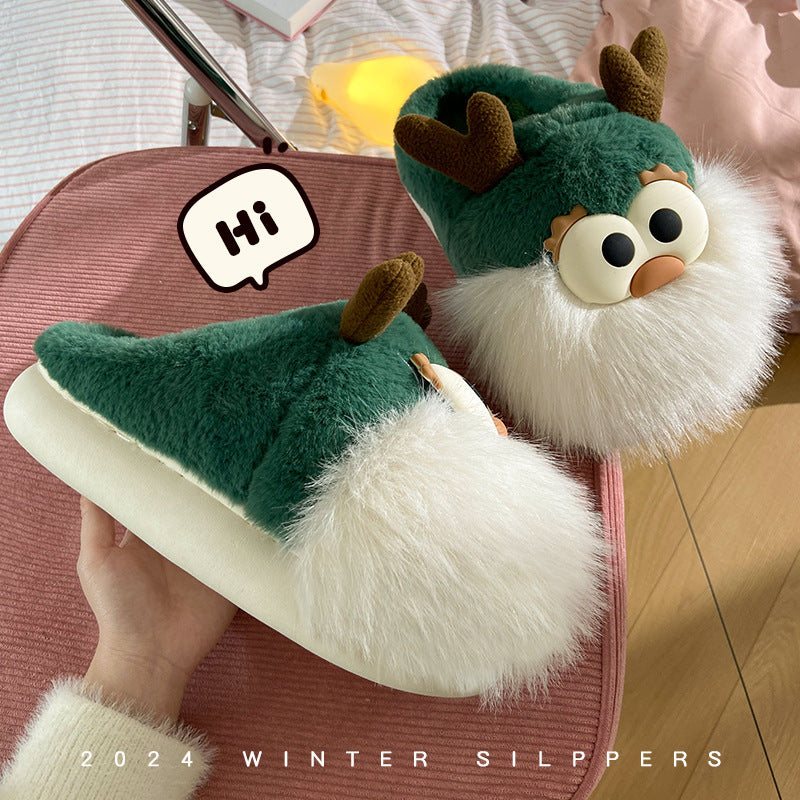 Cute Cartoon Christmas Deer Cotton Shoes Winter Indoor Floor Home Slippers Half-covered Heel Warm Plush Shoes Women